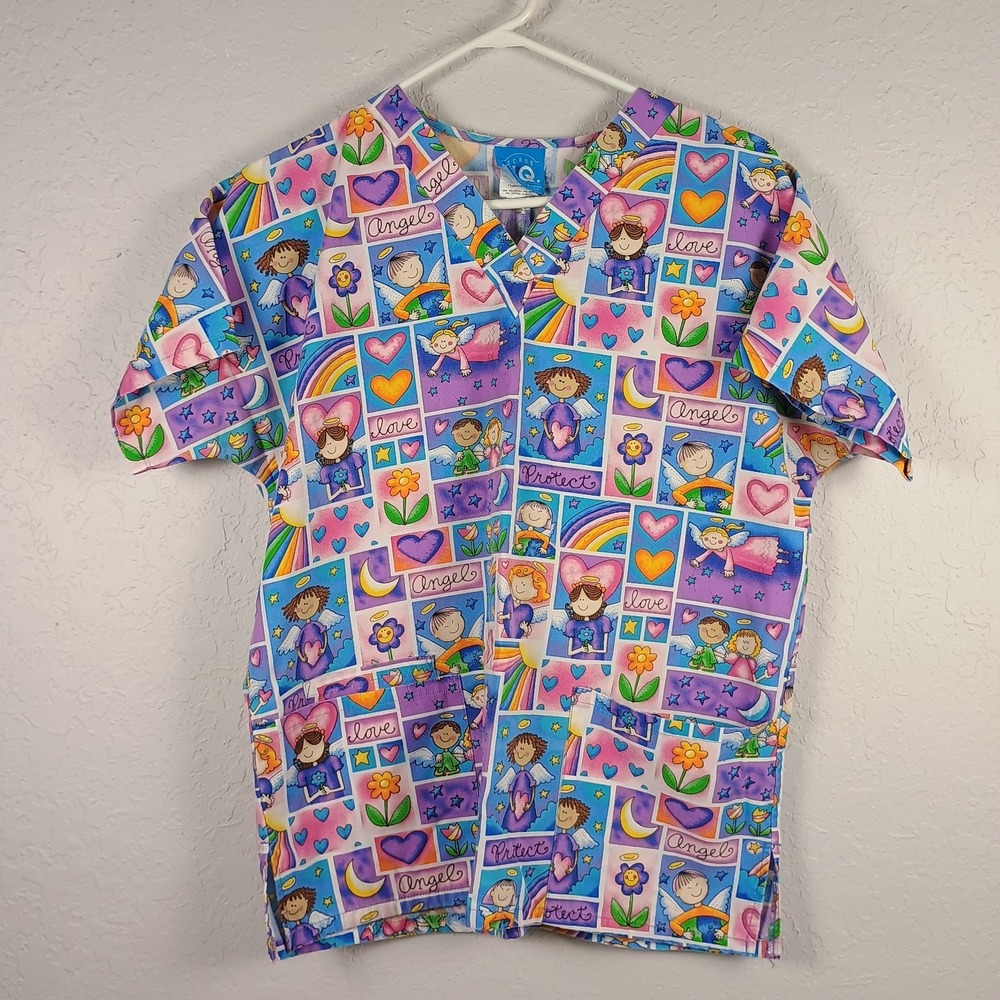 SCRUB HQ Animal Scrub Top Womens XS Angel Love Protect Heart‎ Flower Moon